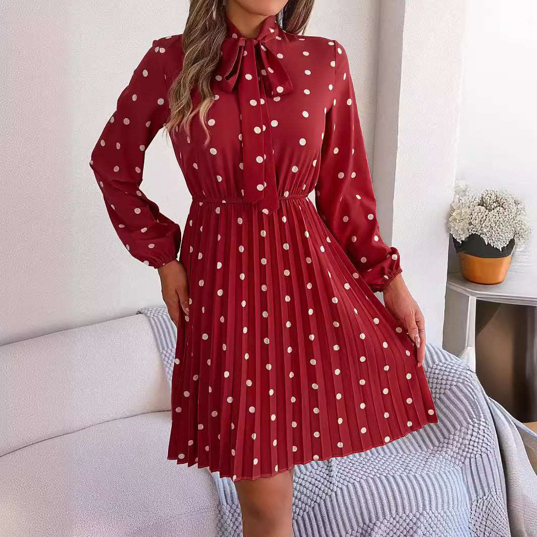 Women's Polka-dot Neck Bow Waist-controlled Long Sleeved Pleated Dress - ChoreGirl