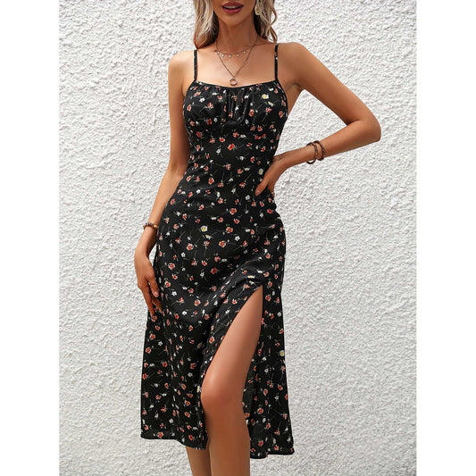 Women's Polka Dot Print Long Suspender Dress with Slit - ChoreGirl
