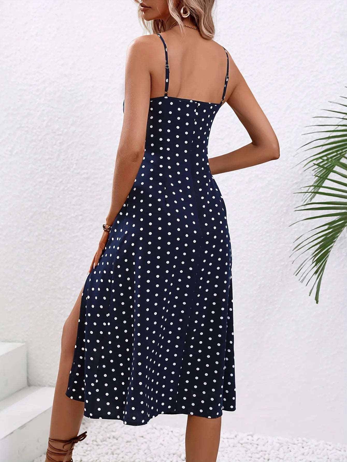 Women's Polka Dot Print Long Suspender Dress with Slit - ChoreGirl
