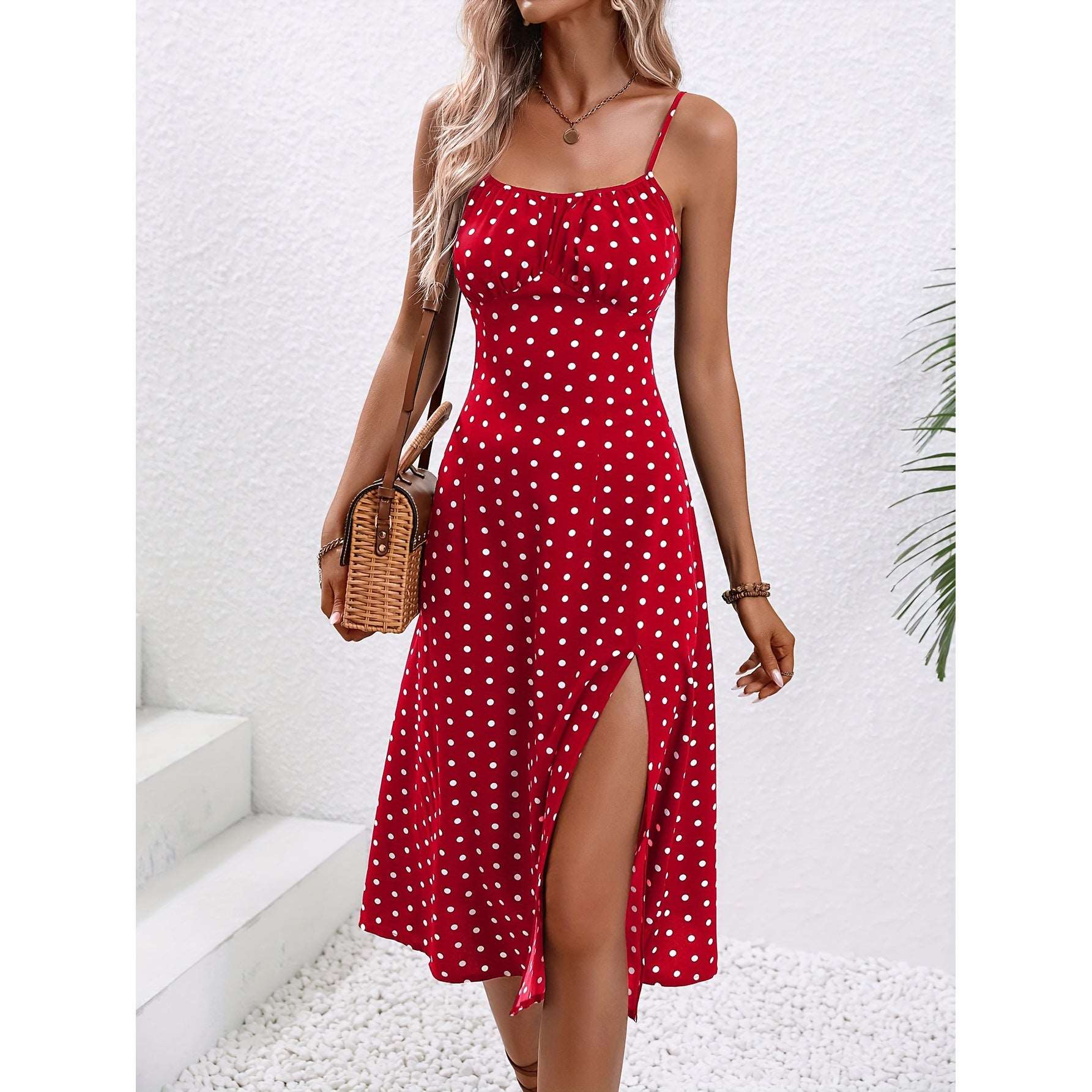Women's Polka Dot Print Long Suspender Dress with Slit - ChoreGirl