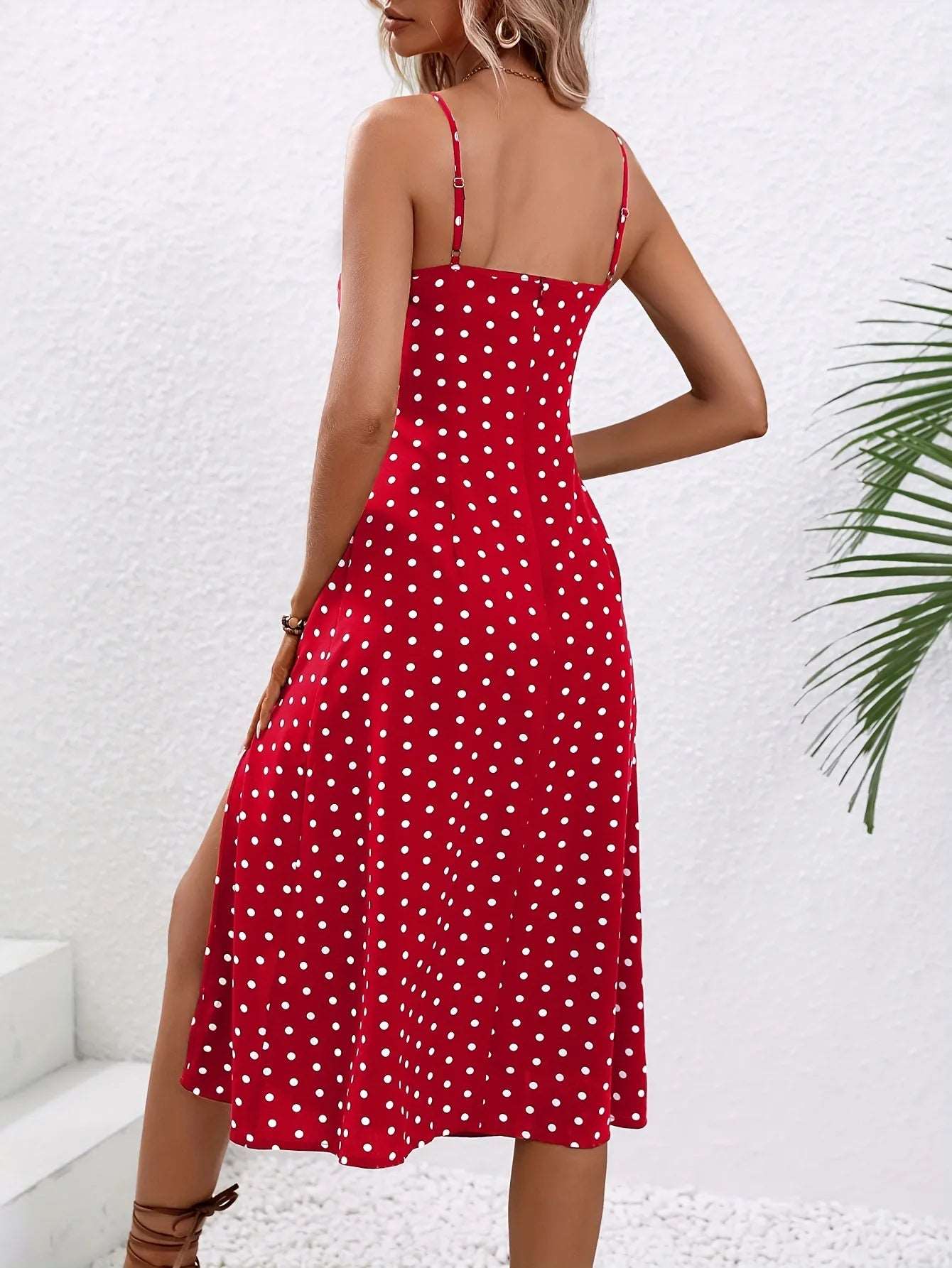 Women's Polka Dot Print Long Suspender Dress with Slit - ChoreGirl
