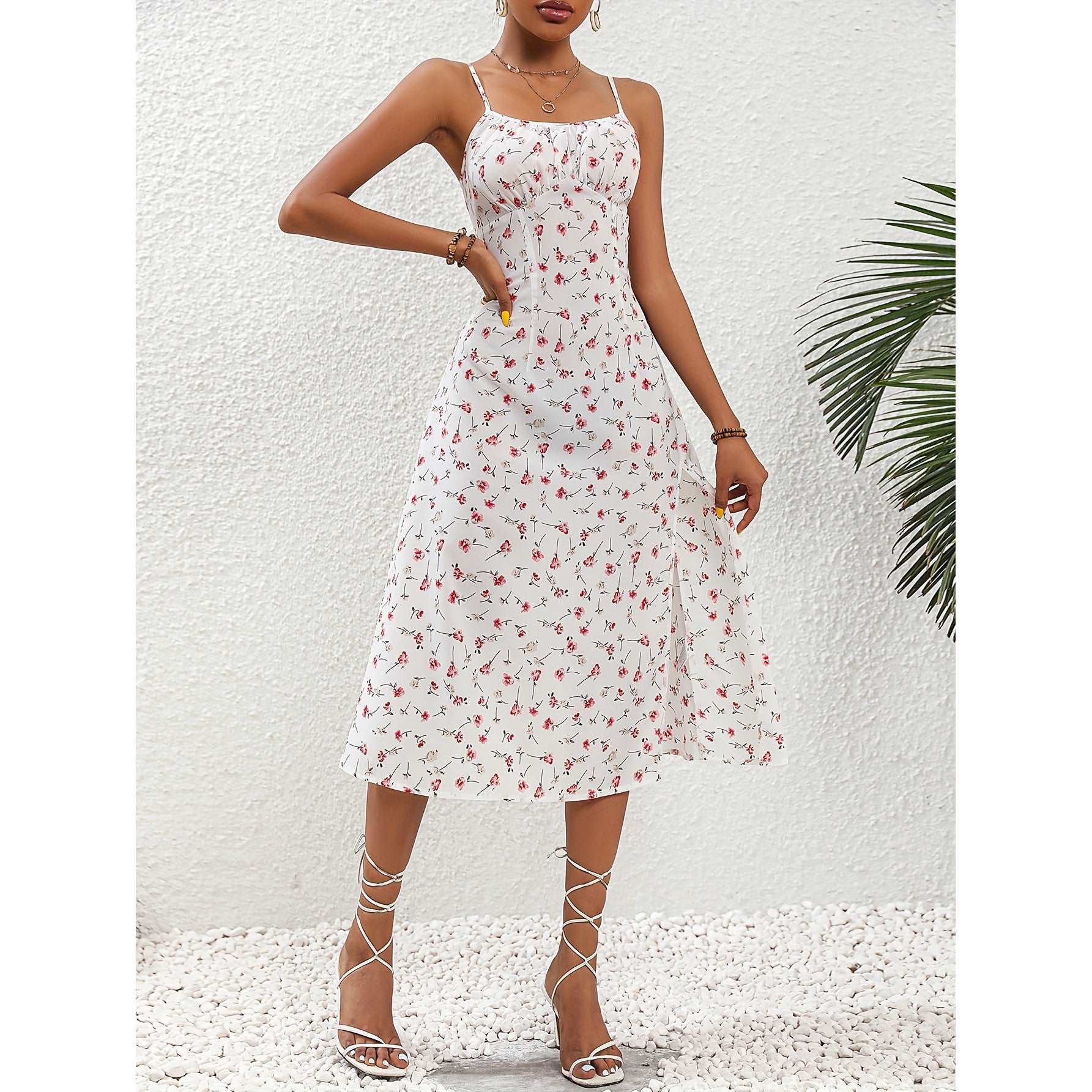Women's Polka Dot Print Long Suspender Dress with Slit - ChoreGirl