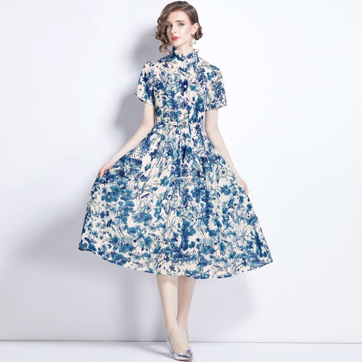 Women's Printed Butterfly Short Sleeve Slim Fit Dress - ChoreGirl