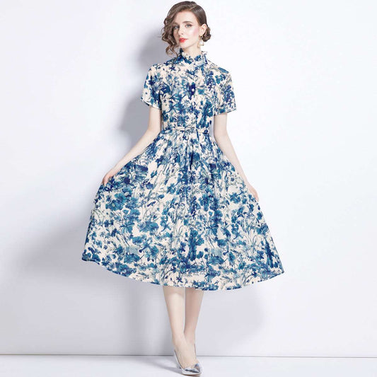 Women's Printed Butterfly Short Sleeve Slim Fit Dress - ChoreGirl