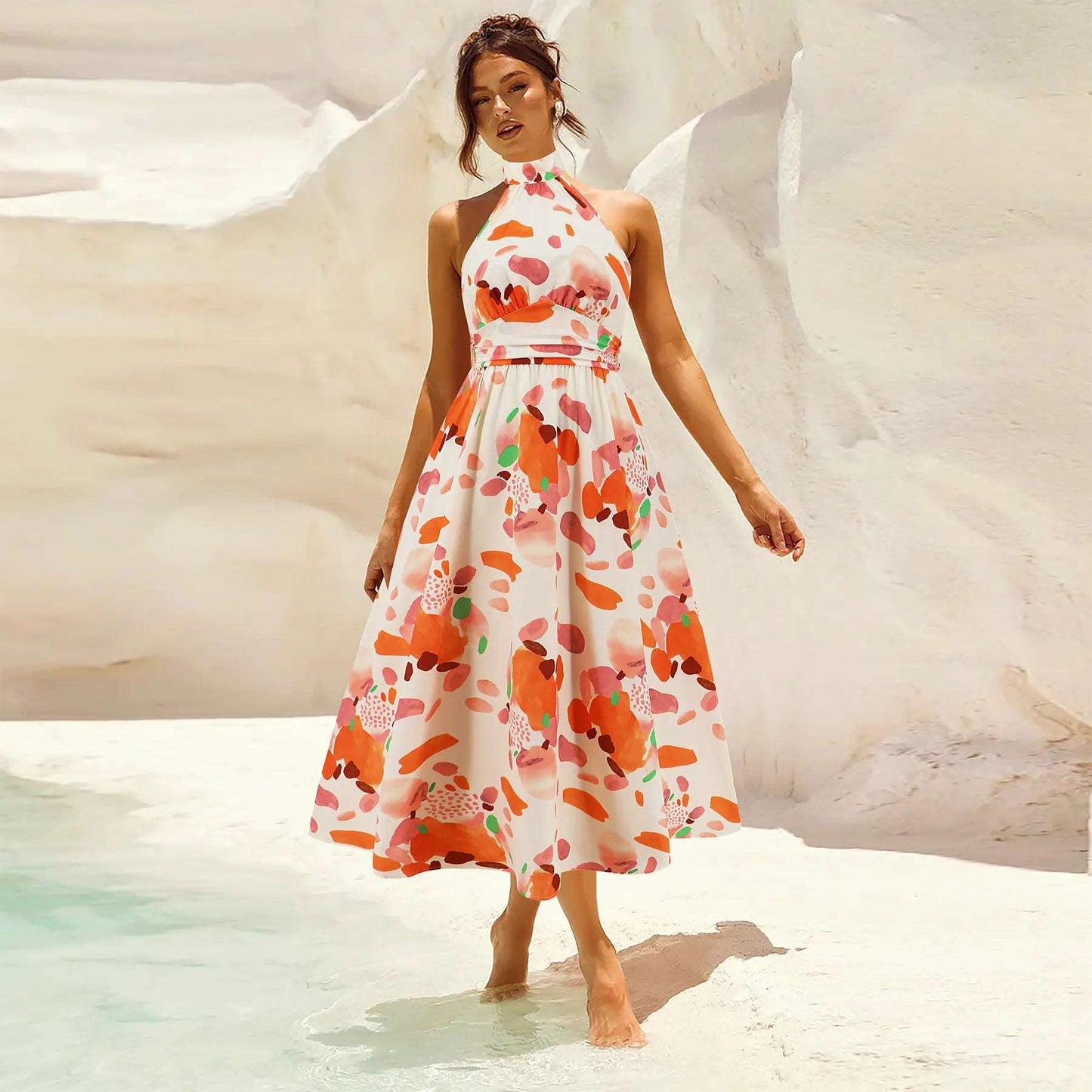 Women's Printed Stand Collar Sleeveless Dress - ChoreGirl