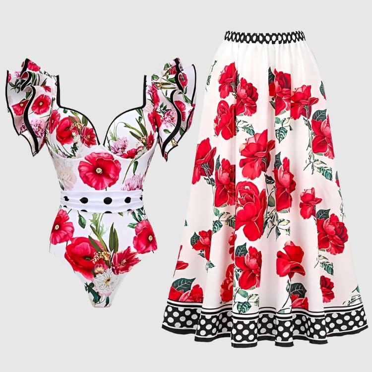 Women's Printed Swimwear One-piece Swimsuit with Cover-Up Long Skirt - ChoreGirl