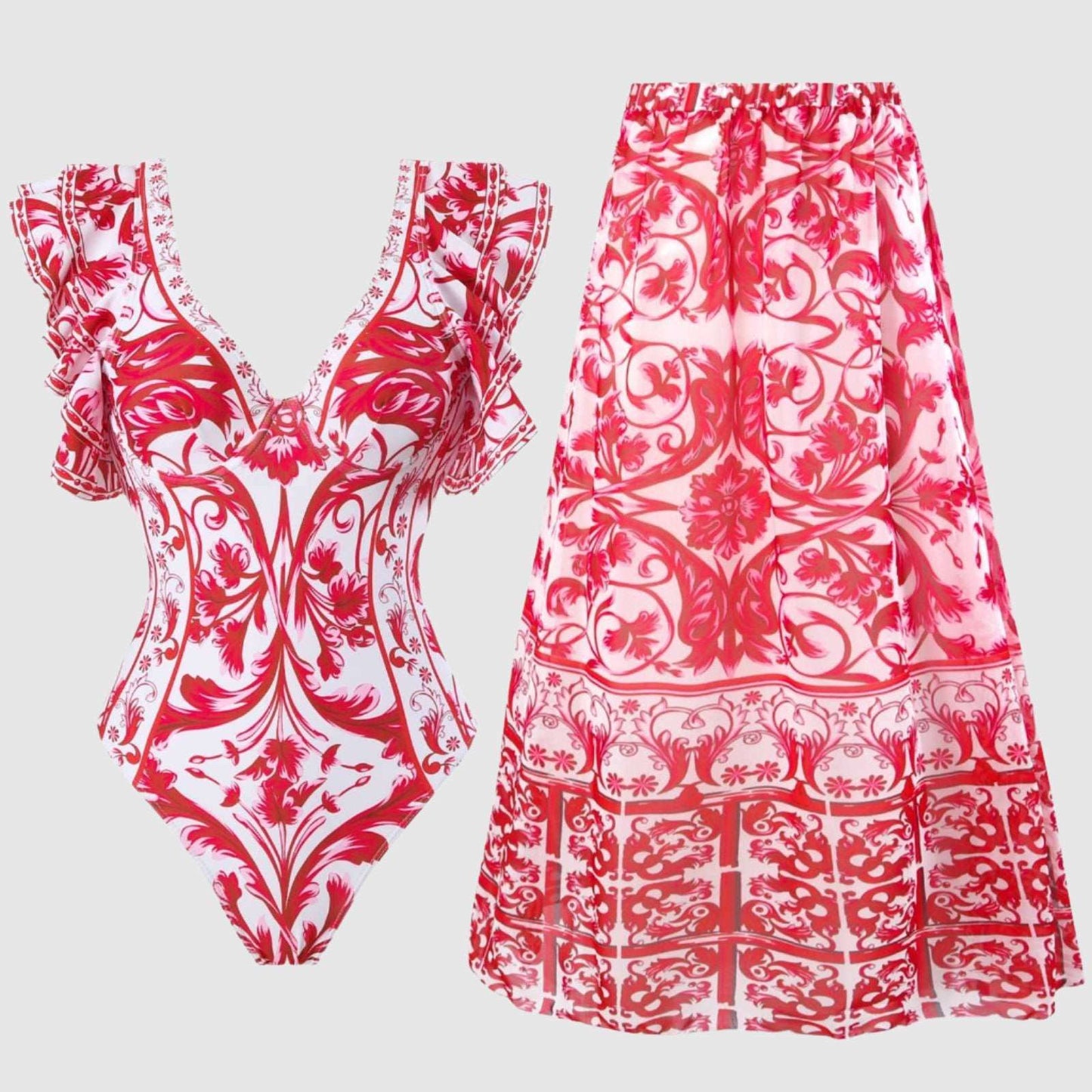 Women's Printed Swimwear One-piece Swimsuit with Cover-Up Long Skirt - ChoreGirl