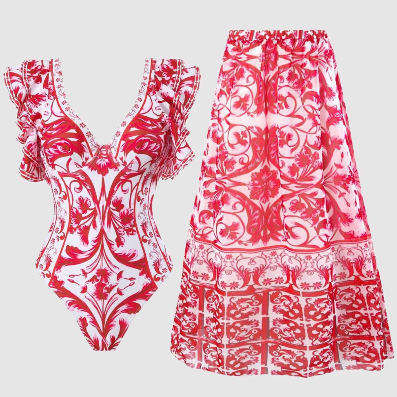 Women's Printed Swimwear One-piece Swimsuit with Cover-Up Long Skirt - ChoreGirl