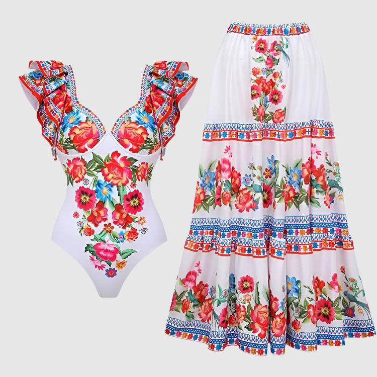 Women's Printed Swimwear One-piece Swimsuit with Cover-Up Long Skirt - ChoreGirl