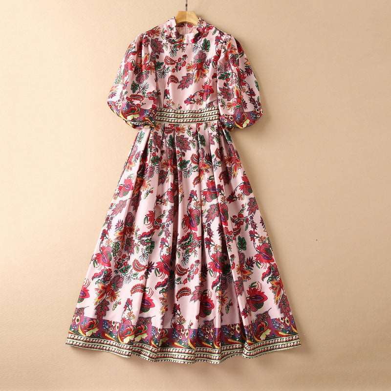 Women's Puff Sleeve Printed Pleated Swing Dress - ChoreGirl