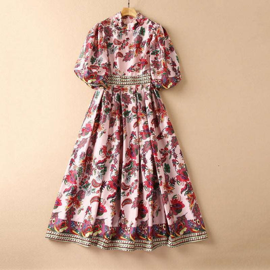 Women's Puff Sleeve Printed Pleated Swing Dress - ChoreGirl