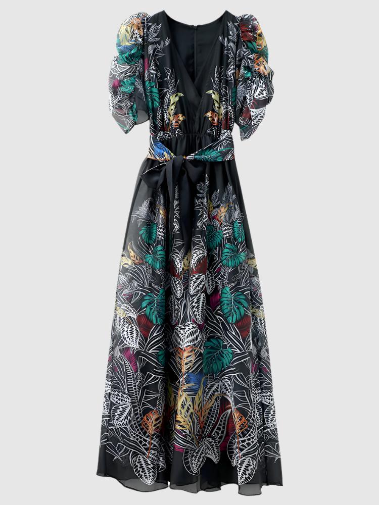 Women's Puff Sleeves V-Neck Floral Print Long Evening Dress - ChoreGirl