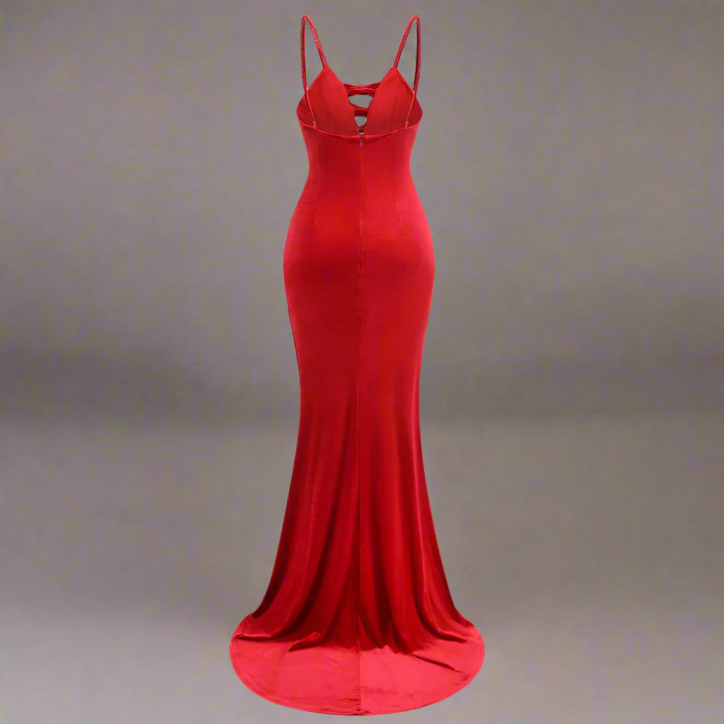 Women's Red Bowknot Velvet Long Tail Dress - ChoreGirl
