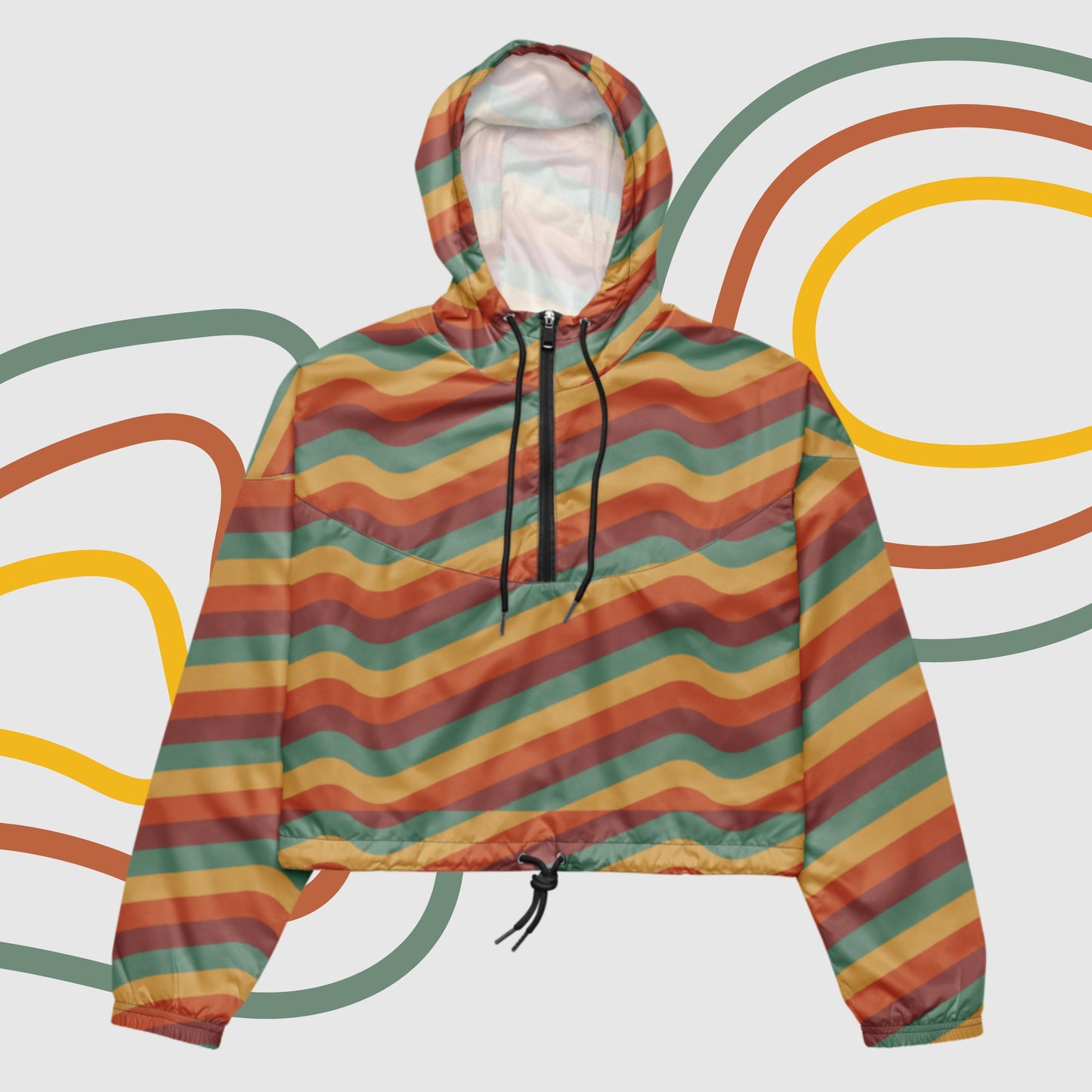 Custom Women’s Retro Wavy Lines Cropped Windbreaker Jacket | PERSONALIZED - ChoreGirl
