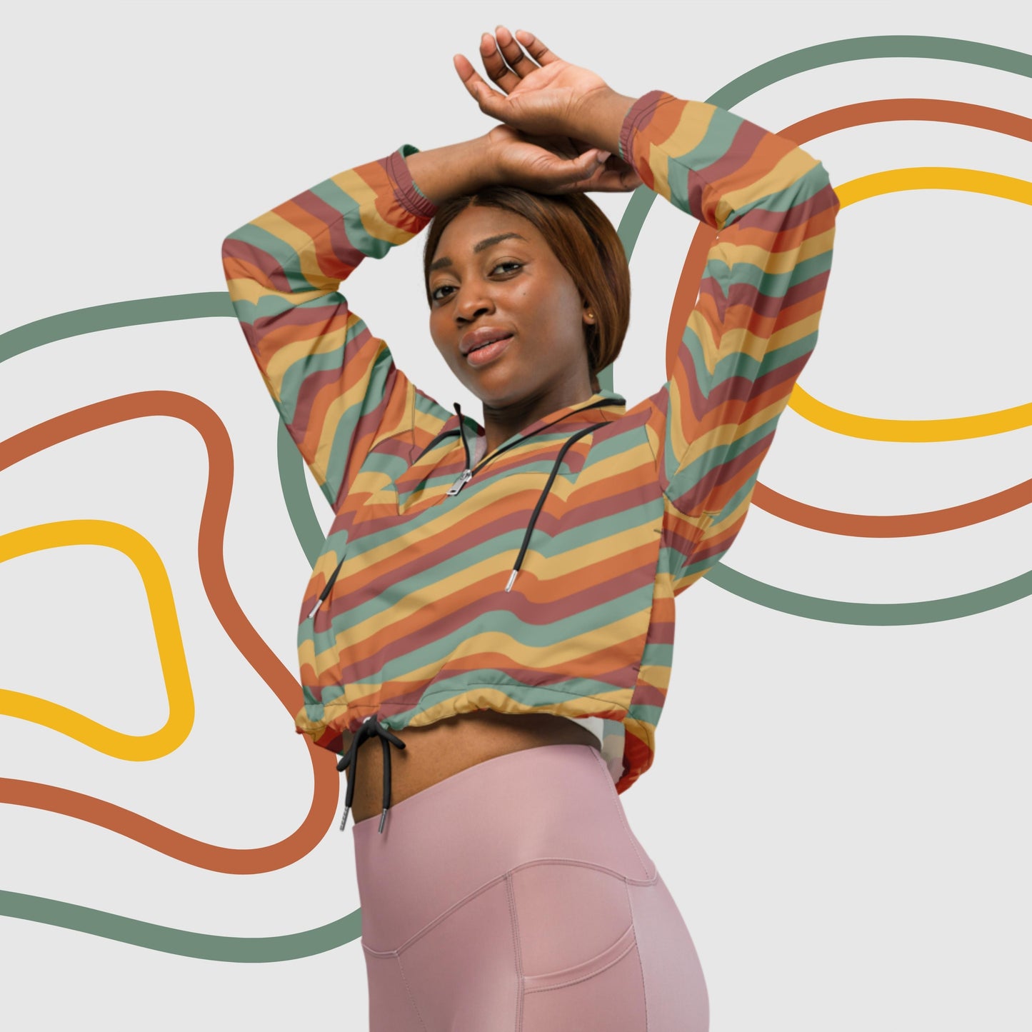 Custom Women’s Retro Wavy Lines Cropped Windbreaker Jacket | PERSONALIZED - ChoreGirl