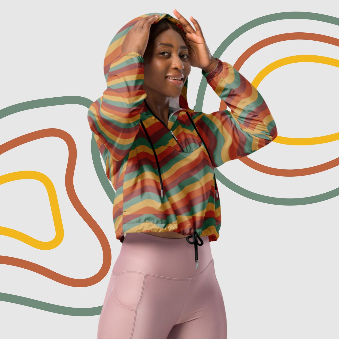 Custom Women’s Retro Wavy Lines Cropped Windbreaker Jacket | PERSONALIZED - ChoreGirl