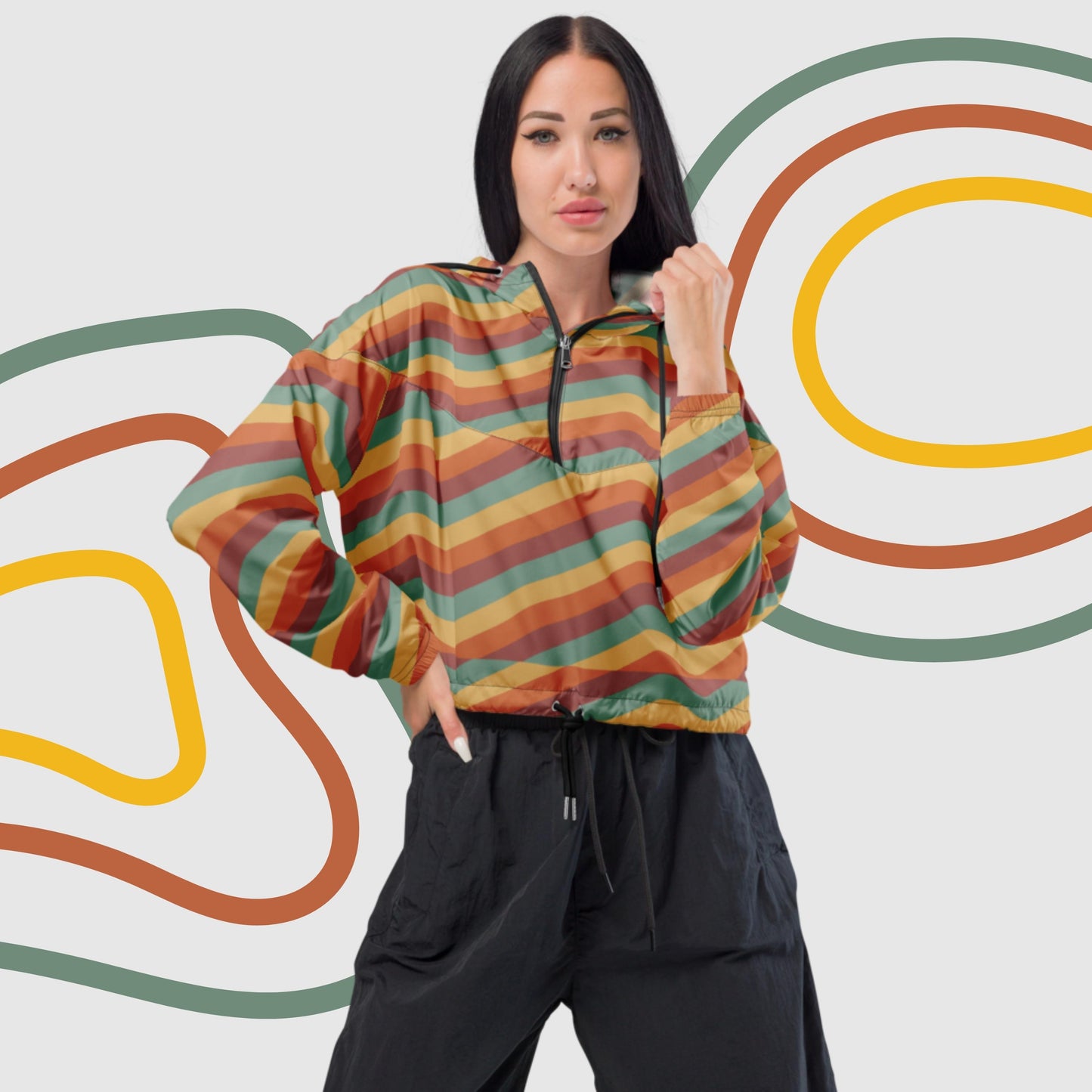 Custom Women’s Retro Wavy Lines Cropped Windbreaker Jacket | PERSONALIZED - ChoreGirl