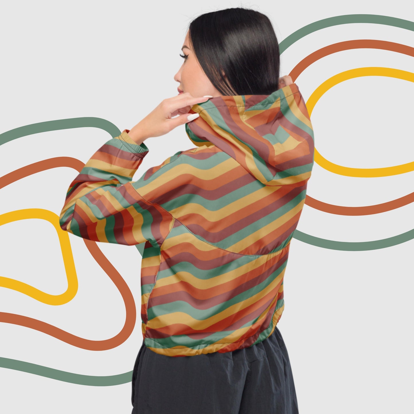 Custom Women’s Retro Wavy Lines Cropped Windbreaker Jacket | PERSONALIZED - ChoreGirl