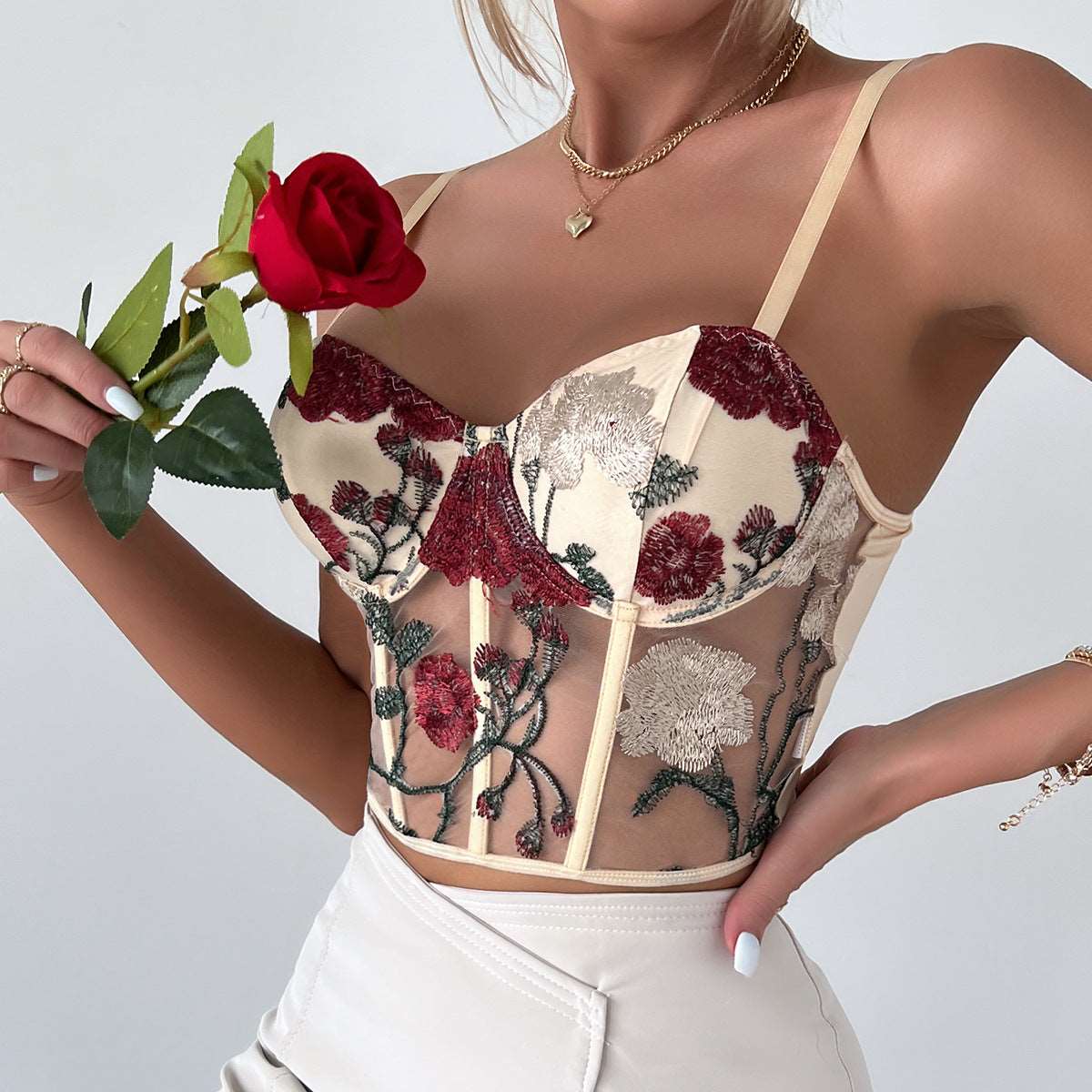 Women's Retro Net Yarn Flowers Embroidered Corset Strap Top - ChoreGirl