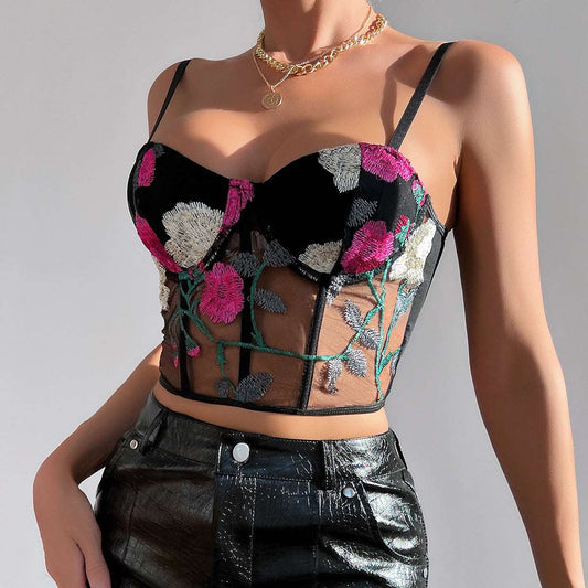 Women's Retro Net Yarn Flowers Embroidered Corset Strap Top - ChoreGirl