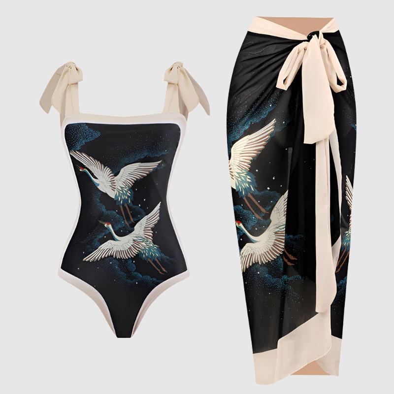 Women's Retro One-piece Swimsuit and Cover-up Scarf Set - ChoreGirl