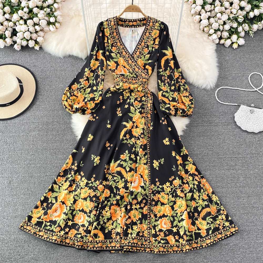 Women's Retro Pleated Puff Sleeve A-line High Waist Dress with Floral Print - ChoreGirl