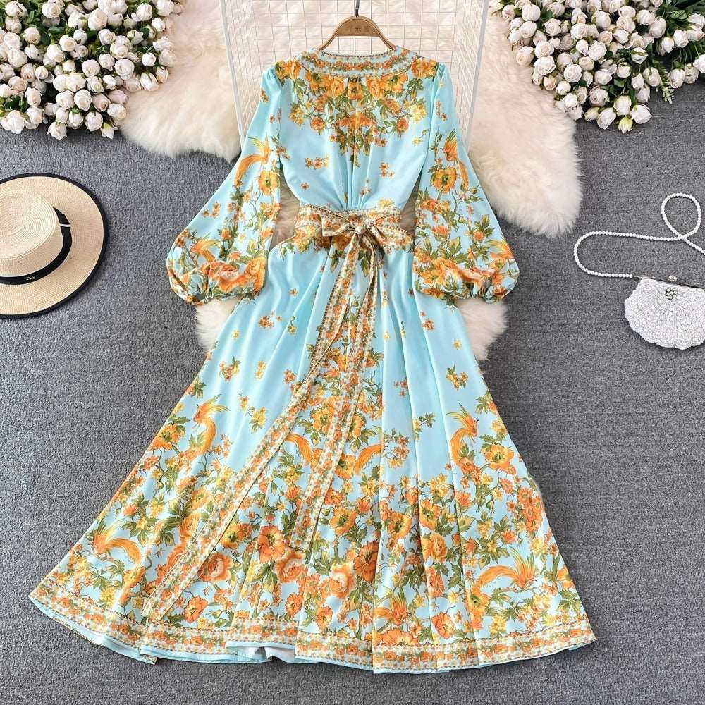 Women's Retro Pleated Puff Sleeve A-line High Waist Dress with Floral Print - ChoreGirl