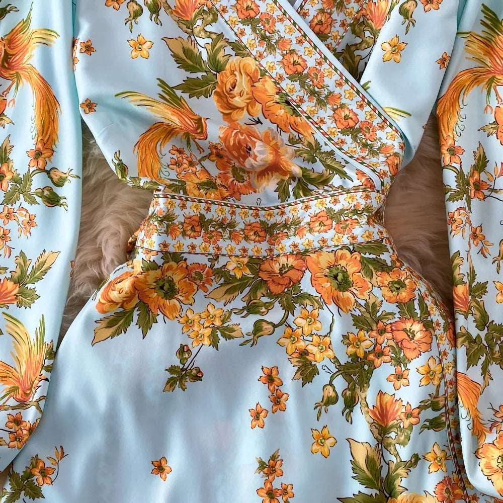Women's Retro Pleated Puff Sleeve A-line High Waist Dress with Floral Print - ChoreGirl