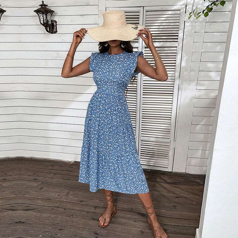 Women's Retro Style High Waist Round Neck Floral Dress - ChoreGirl