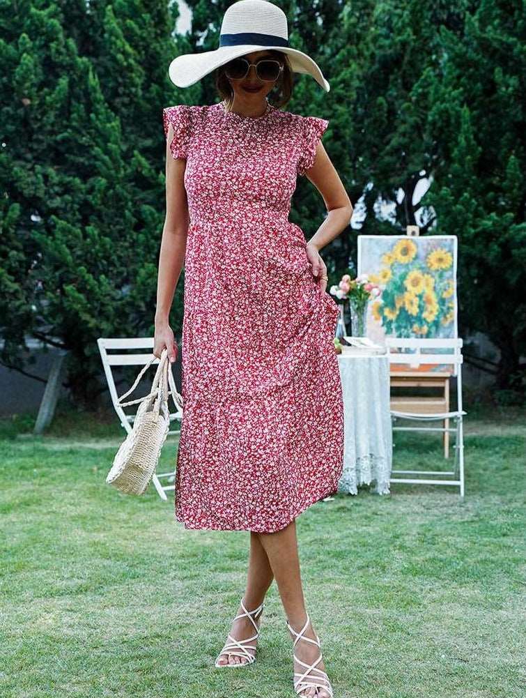 Women's Retro Style High Waist Round Neck Floral Dress - ChoreGirl