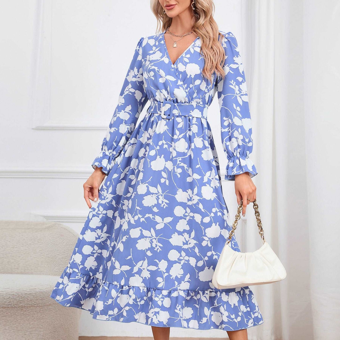 Women's Retro V-neck Printed Dress - ChoreGirl