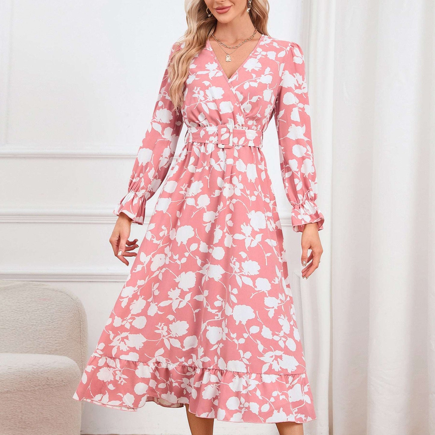 Women's Retro V-neck Printed Dress - ChoreGirl