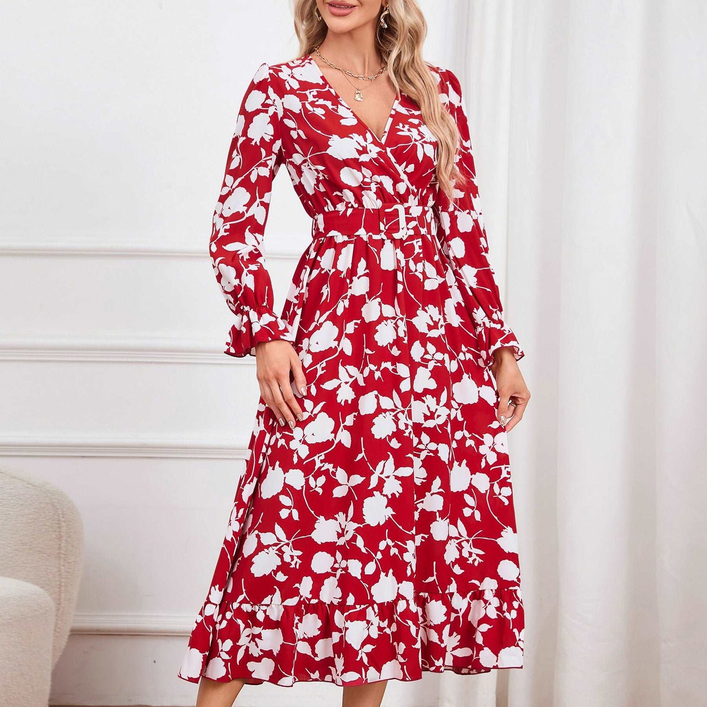 Women's Retro V-neck Printed Dress - ChoreGirl