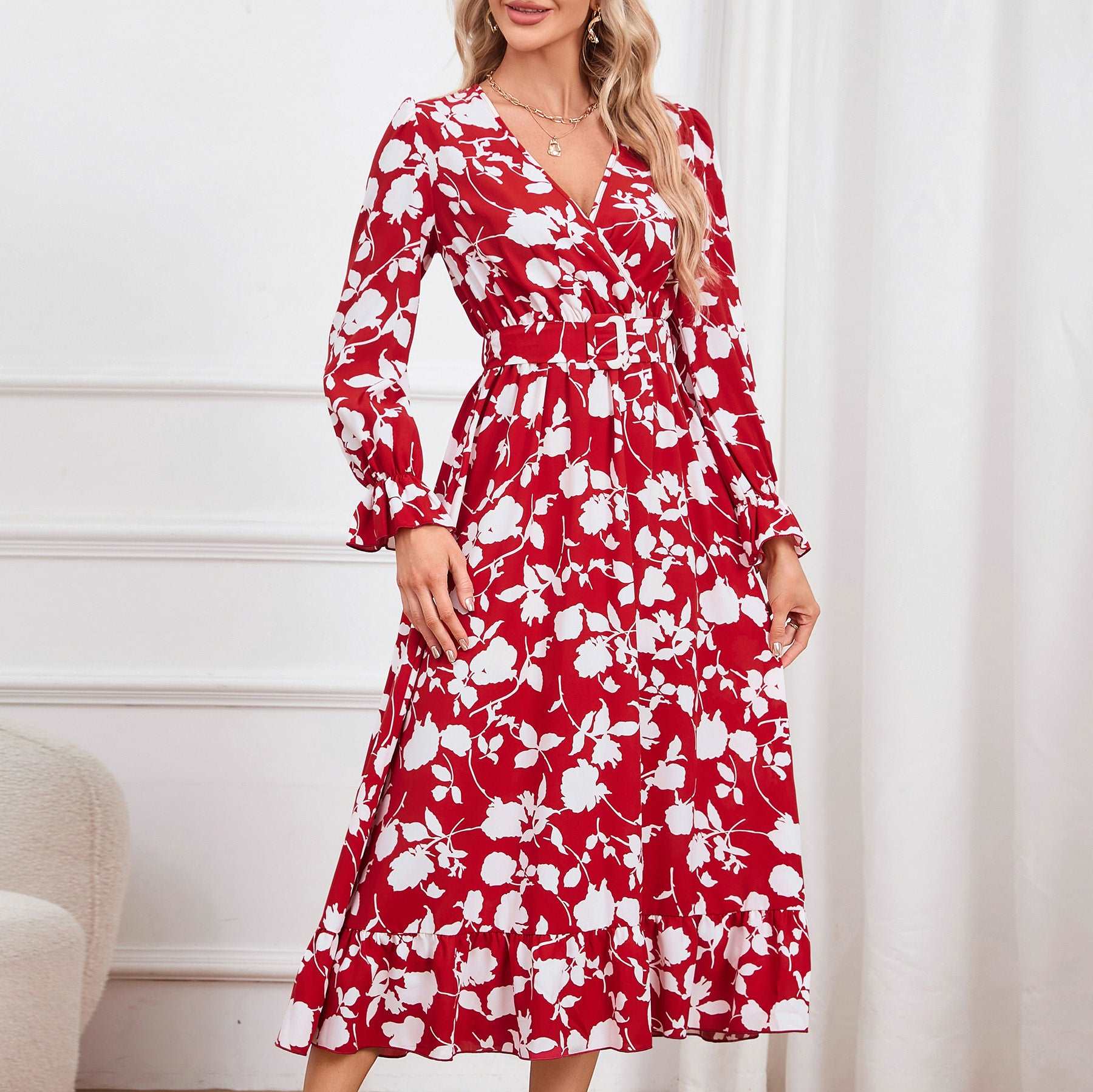 Women's Retro V-neck Printed Dress - ChoreGirl