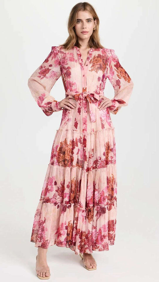 Women's Romantic Single-breasted Lace Up Long Dress - ChoreGirl