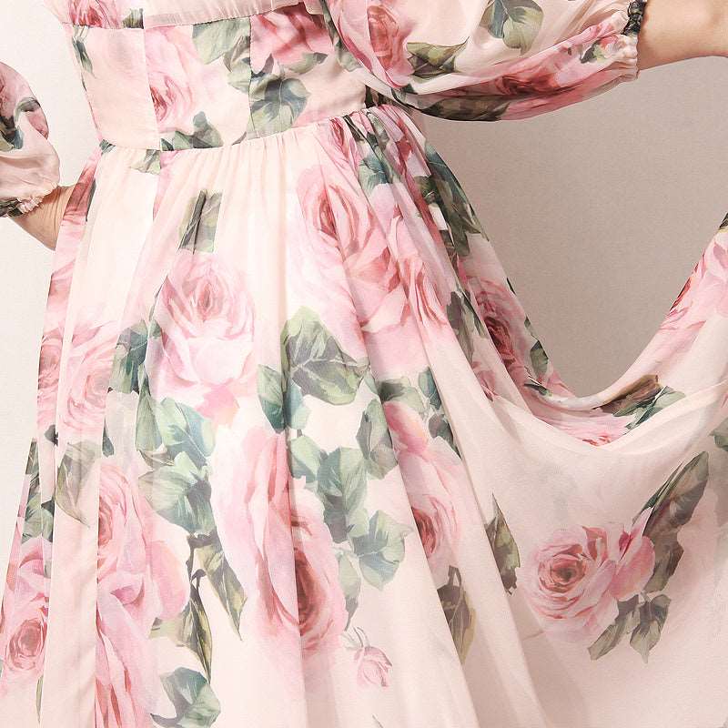 Women's Romantic Style Rose Print Large Swing Chiffon Dress - ChoreGirl