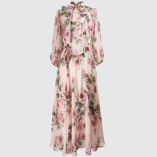 Women's Romantic Style Rose Print Large Swing Chiffon Dress - ChoreGirl