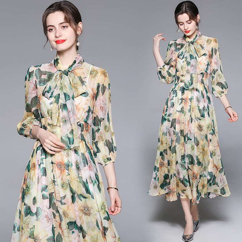 Women's Romantic Style Rose Print Large Swing Chiffon Dress - ChoreGirl