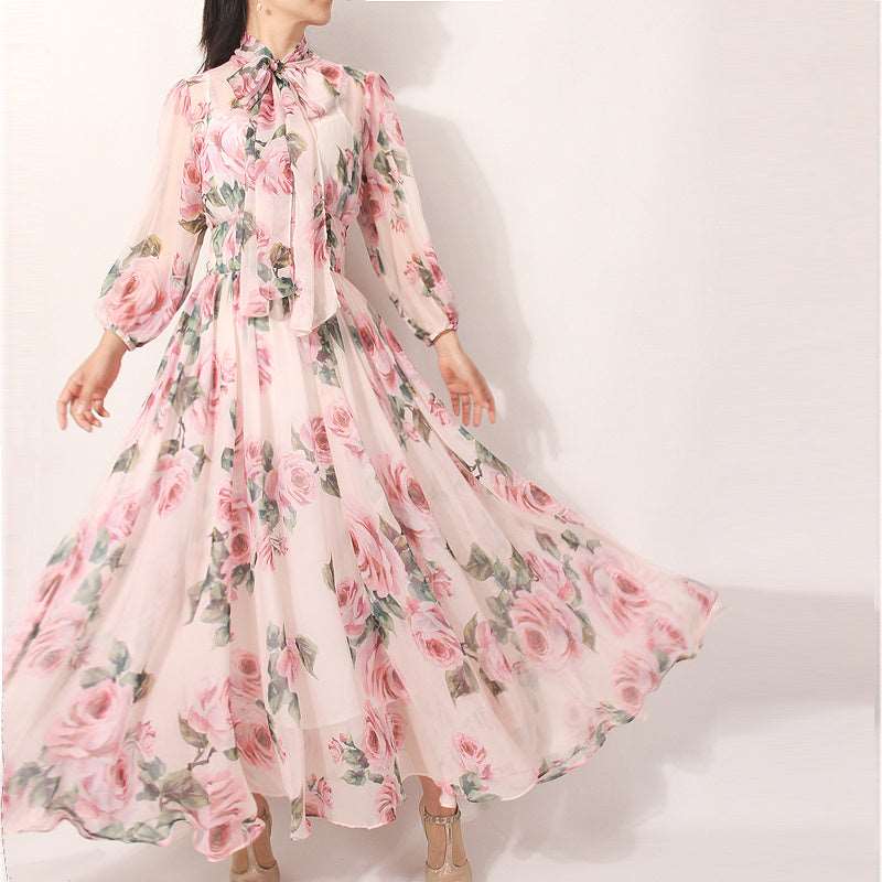 Women's Romantic Style Rose Print Large Swing Chiffon Dress - ChoreGirl