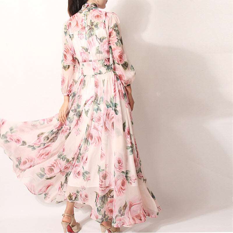 Women's Romantic Style Rose Print Large Swing Chiffon Dress - ChoreGirl