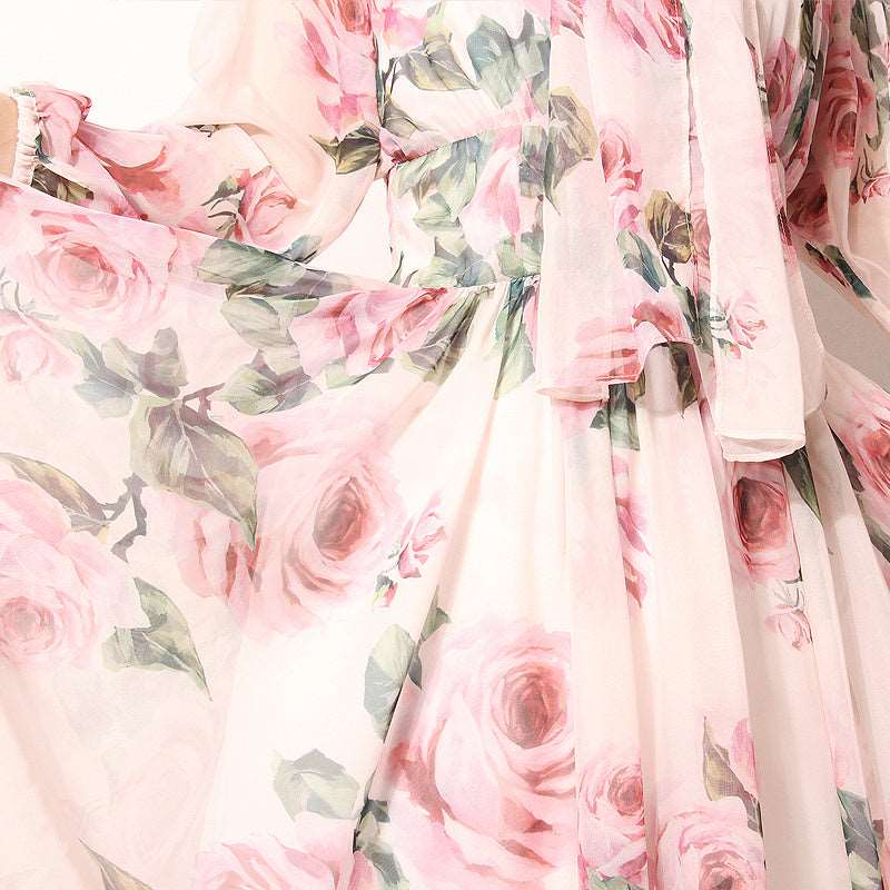 Women's Romantic Style Rose Print Large Swing Chiffon Dress - ChoreGirl
