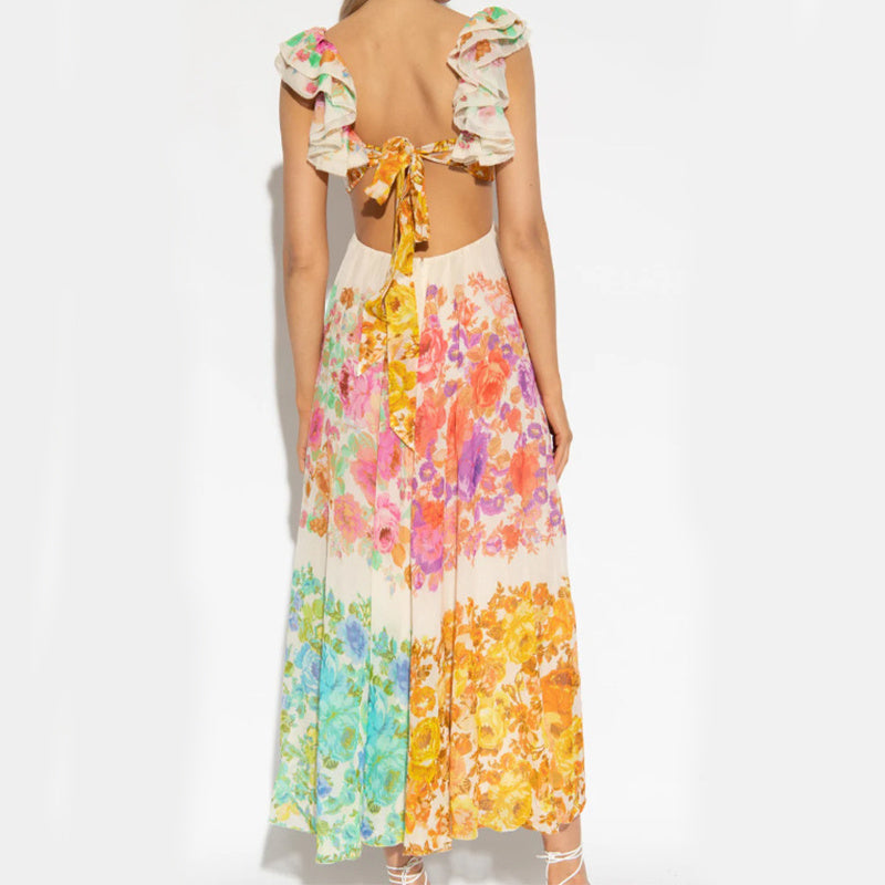 Women's Romantic V-neck Ruffle Sleeve Backless Long Dress - ChoreGirl