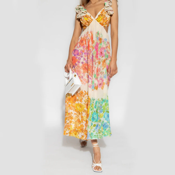 Women's Romantic V-neck Ruffle Sleeve Backless Long Dress - ChoreGirl