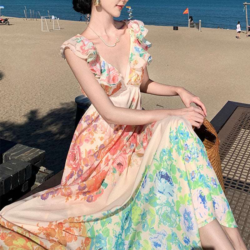 Women's Romantic V-neck Ruffle Sleeve Backless Long Dress - ChoreGirl