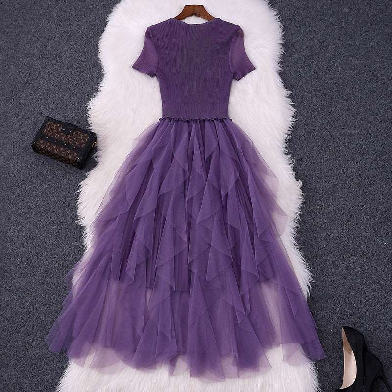 Women's Round Neck Short Sleeved Pleated Slim Fit Dress - ChoreGirl