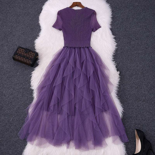 Women's Round Neck Short Sleeved Pleated Slim Fit Dress - ChoreGirl
