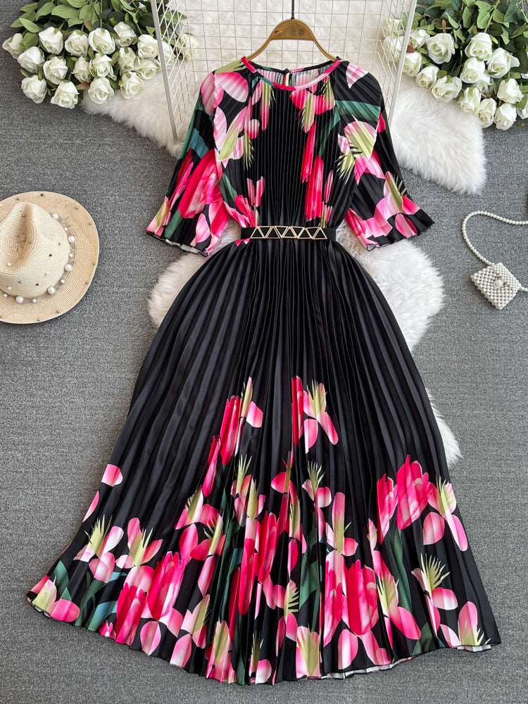 Women's Round Neck Waist Slimming A- Line Pleated Dress - ChoreGirl