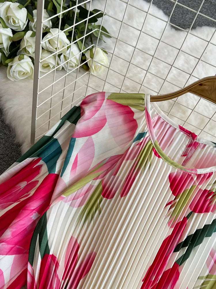 Women's Round Neck Waist Slimming A- Line Pleated Dress - ChoreGirl