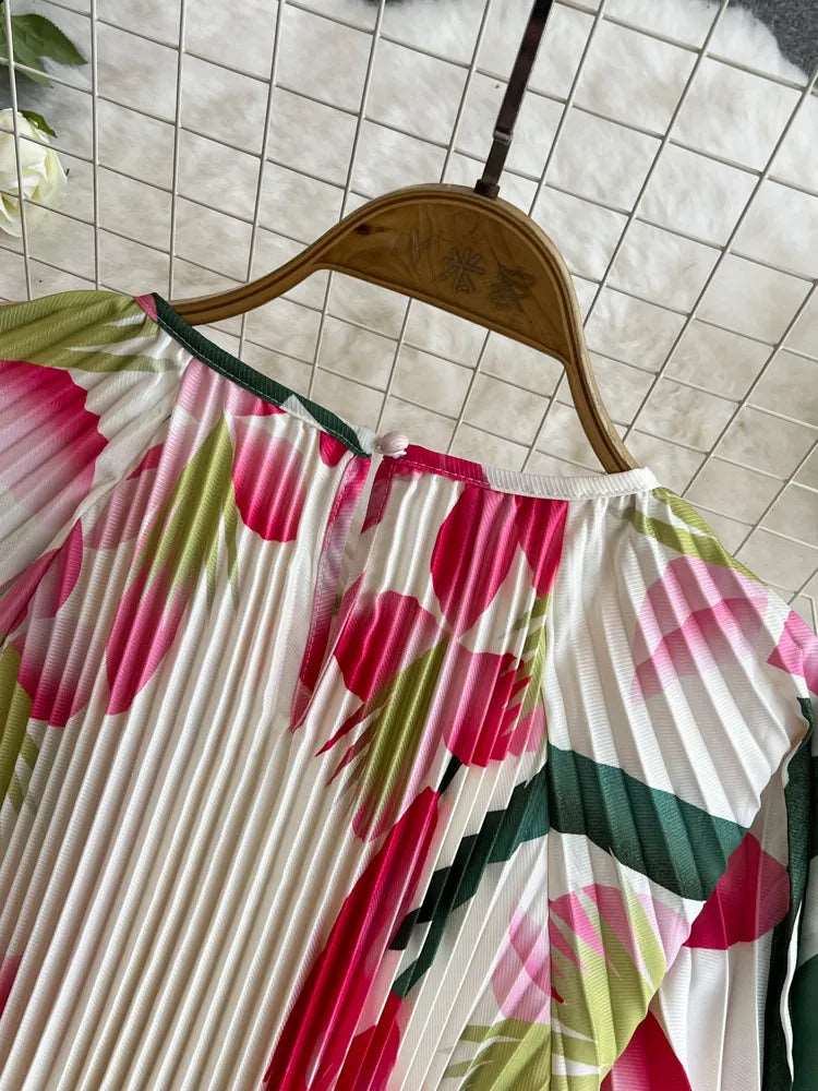 Women's Round Neck Waist Slimming A- Line Pleated Dress - ChoreGirl