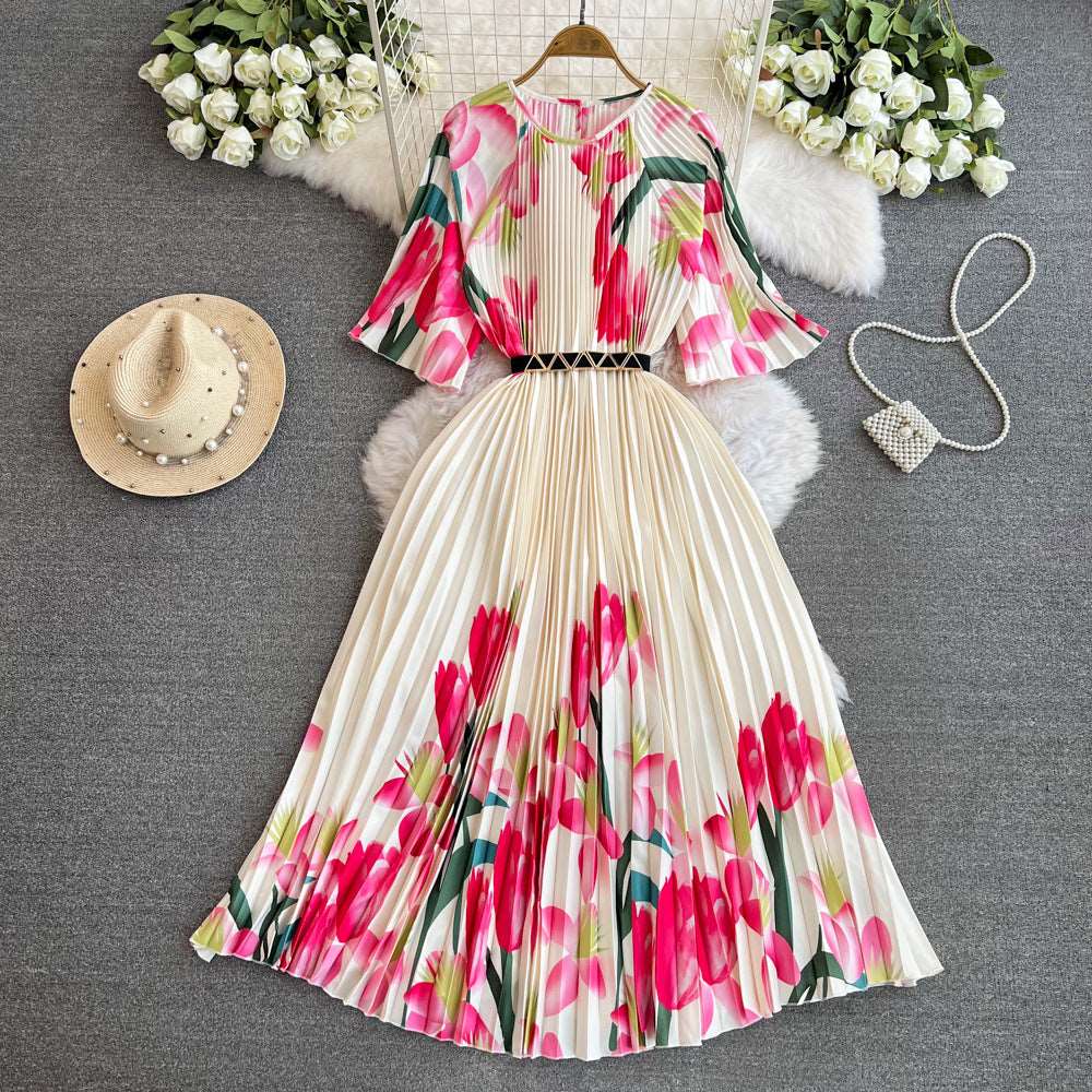 Women's Round Neck Waist Slimming A- Line Pleated Dress - ChoreGirl